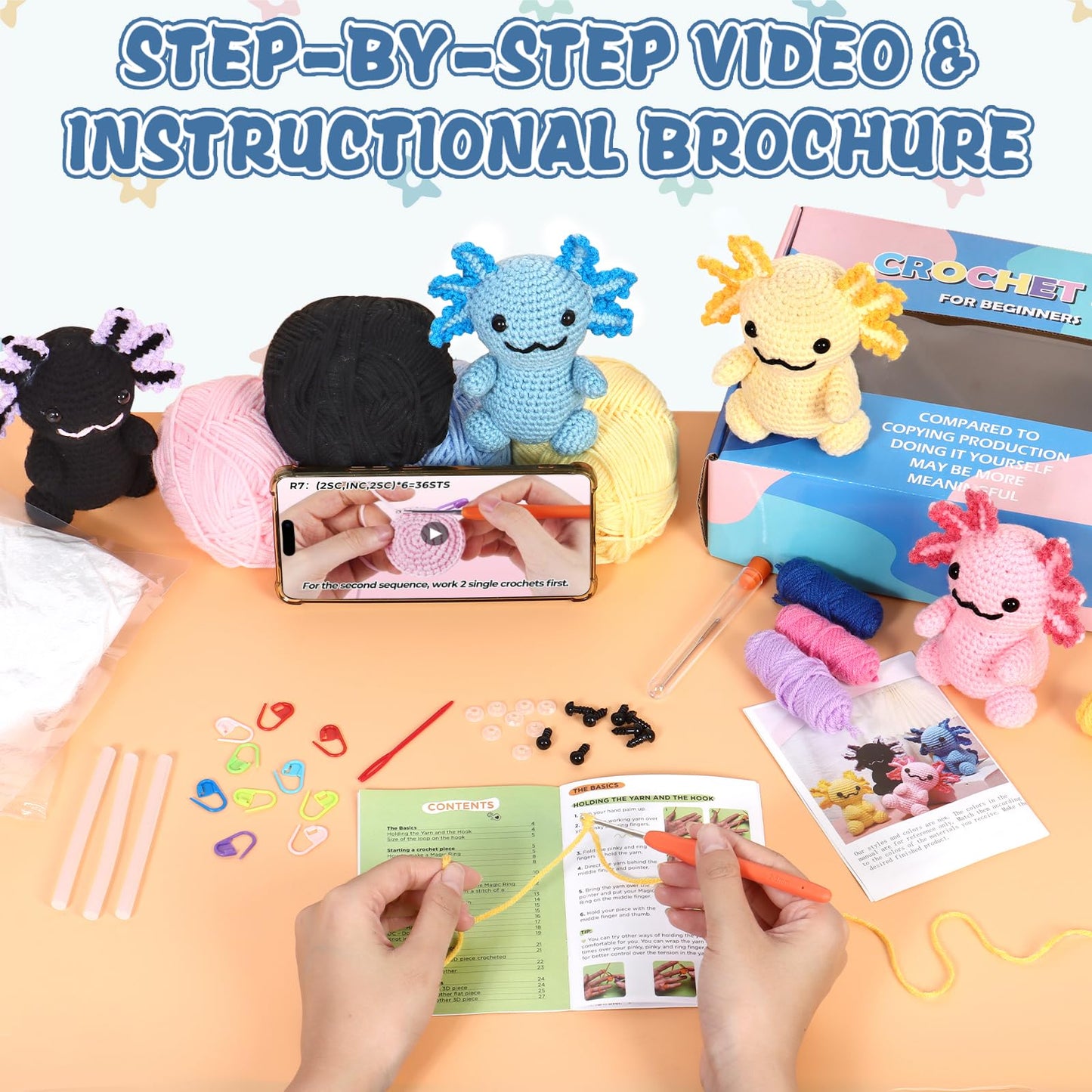 Weldomcor Crochet Kit for Beginners, Amigurumi Crocheting Animals Kits for Adults with Step-by-Step Video Tutorials Knitting Yarn Hooks DIY Crafts Starter Supplies Gifts Set (4 Pcs Mini Axolotls)