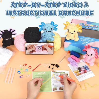 Weldomcor Crochet Kit for Beginners, Amigurumi Crocheting Animals Kits for Adults with Step-by-Step Video Tutorials Knitting Yarn Hooks DIY Crafts Starter Supplies Gifts Set (4 Pcs Mini Axolotls)