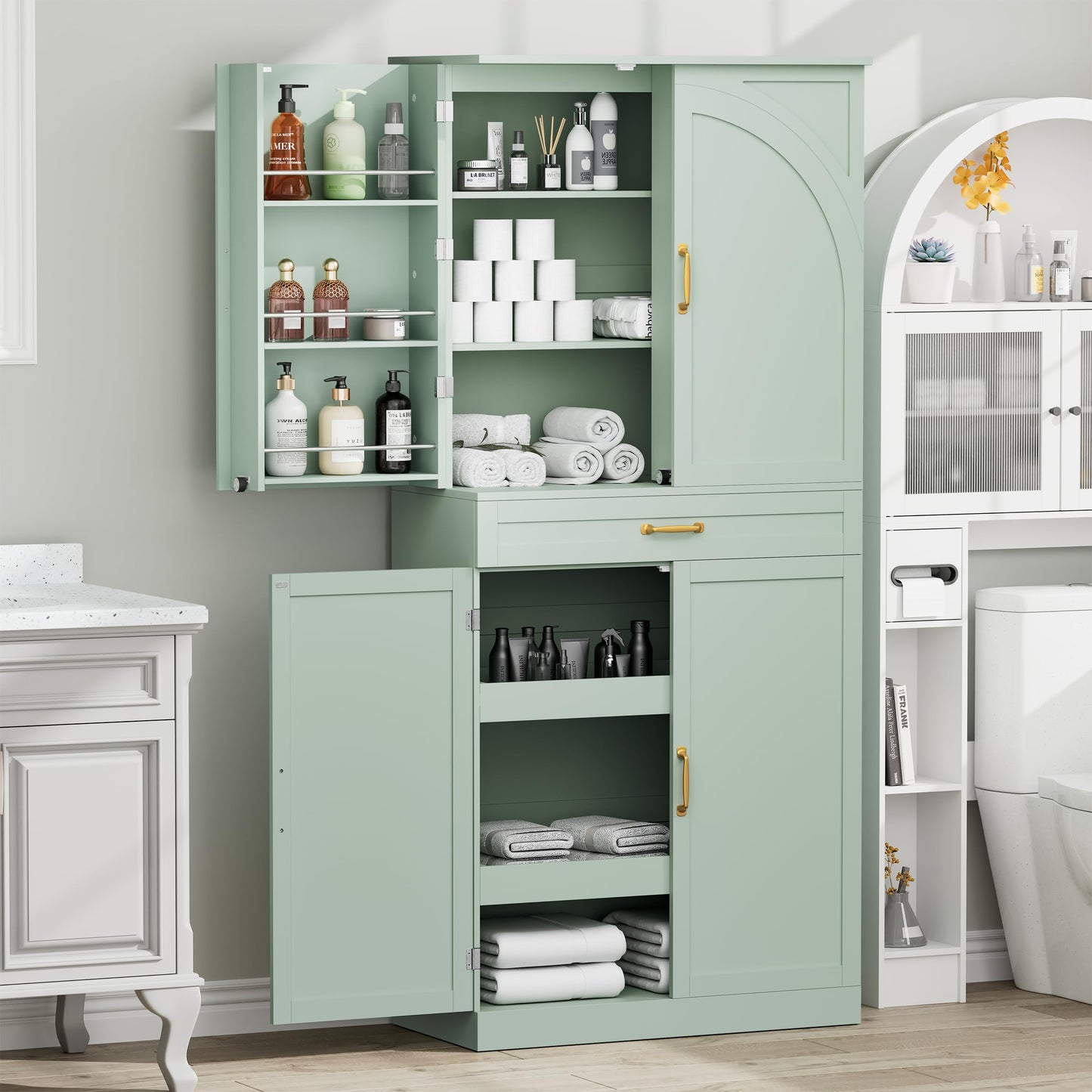 HQZX 71’’ Tall Kitchen Pantry Cabinet, Pantry Storage Cabinet with 6 Doors Shelves, Large Drawer & 2 Pull Out Shelves, Freestanding Cupboard for Kitchen, Dining Room, Green
