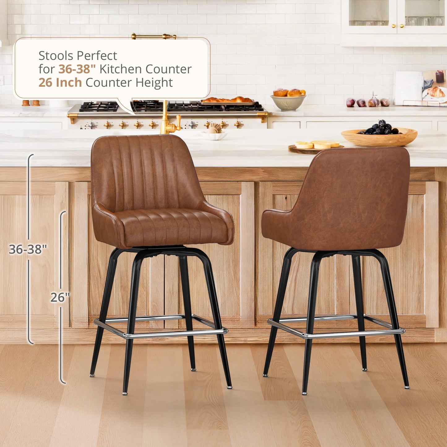 LUE BONA Counter Height Bar Stools Set of 3, 26" H Modern Barstools with Backs, Metal Frames and Brown Faux Leather Upholstered Accent Bar Stools for Kitchen Island