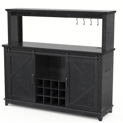 IDEALHOUSE 55" Farmhouse Coffee Bar Cabinet with Power Outlet & LED Light - Sliding Barn Door Buffet with Removable Wine Rack, 2-Tier Drawers, for Kitchen, Dining & Living Room, Black