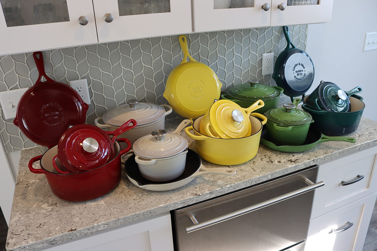 Larder & Vine 5-Piece Enameled Cast Iron Cookware Set - Includes 5.7 Quart Dutch Oven with Lid, 10.25 Inch Skillet, 2.2 Quart Saucepan with Lid (Bondi)