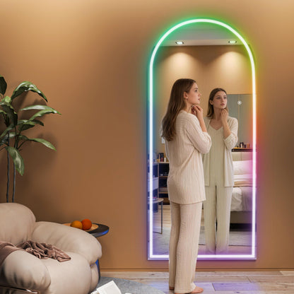 Hasipu Arch Full Length Mirror 79 x 36 in with Stand — Arch LED RGB Full Body Mirror, 7 Lighting Modes, Dimmable, Built‑in Bluetooth Speaker, White Frame for Bedroom Dressing Room