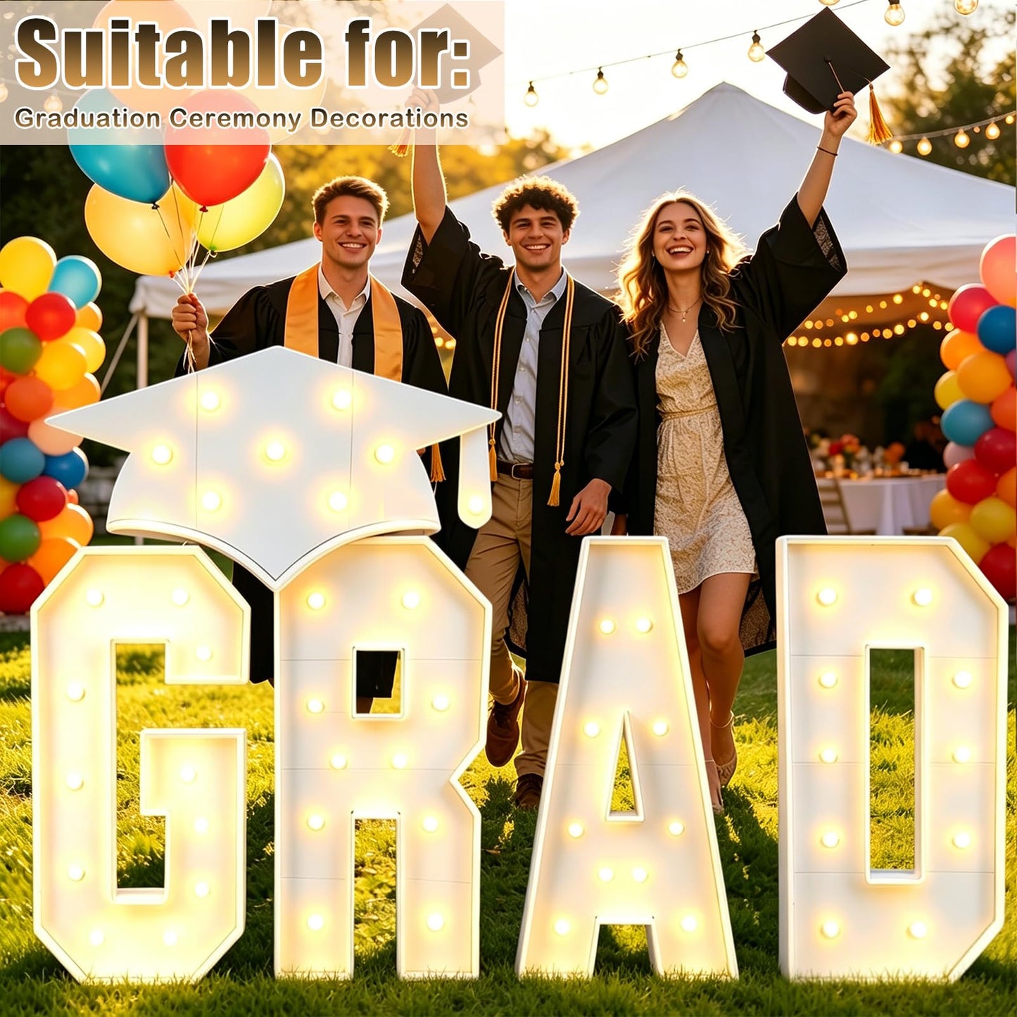 Zealor 2026 Graduation Decorations 3.3FT GRAD Marquee Letters with Lights Class of 2026 Large Prom Light-Up Letters with Graduation Hat Pre-Cut Foam Board Frame for Ceremonies Party Senior Photo Props