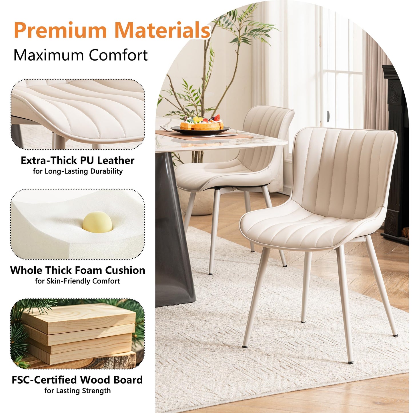 YOUNUOKE Mid-Century Modern Dining Chairs Set of 2, Cream PU Leather Upholstered Kitchen Chairs with Cream Metal Legs, Armless Accent Chair for Dining Room, Guest Reception Room