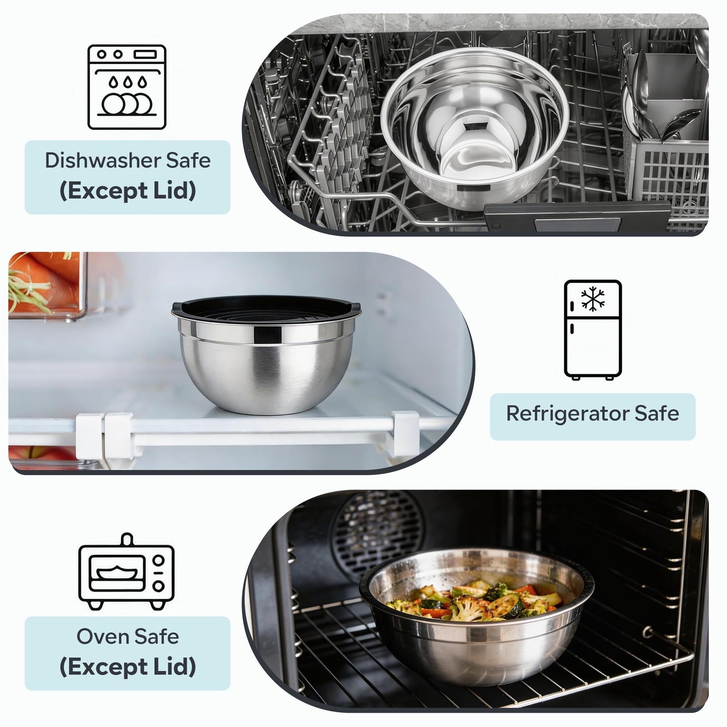 E-far Mixing Bowls With Lids Sets of 5, 10-Piece Stainless Steel Salad Metal Nesting Bowl for Baking Cooking and Prepping, Airtight Lid & Stackable Design, Size 4.6, 3, 2.1, 1.5, 0.7 QT, Black