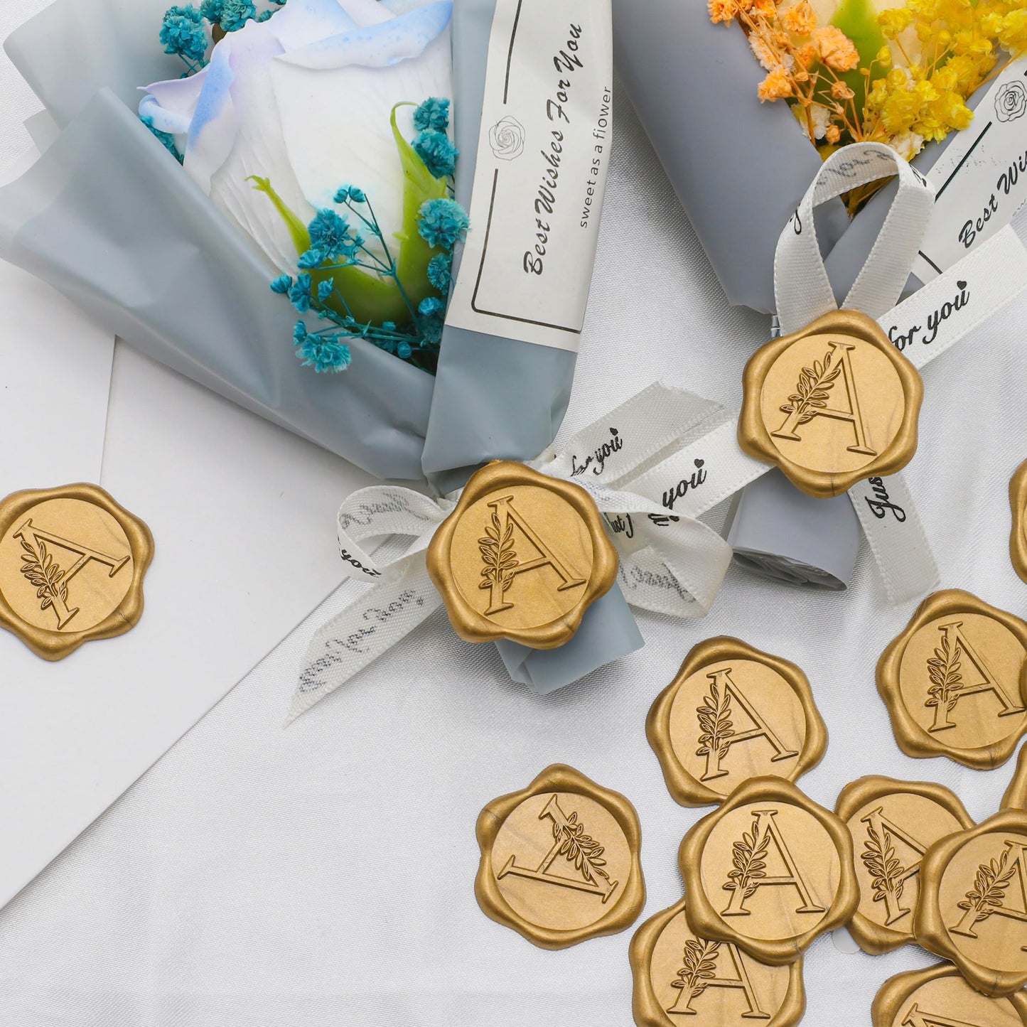 SWANGSA 50 Pack Letter A Wax Seal Stickers, Antique Gold Botanical Leaves Initial Self-Adhesive Wax Stickers for Wedding Party Invitation Envelope