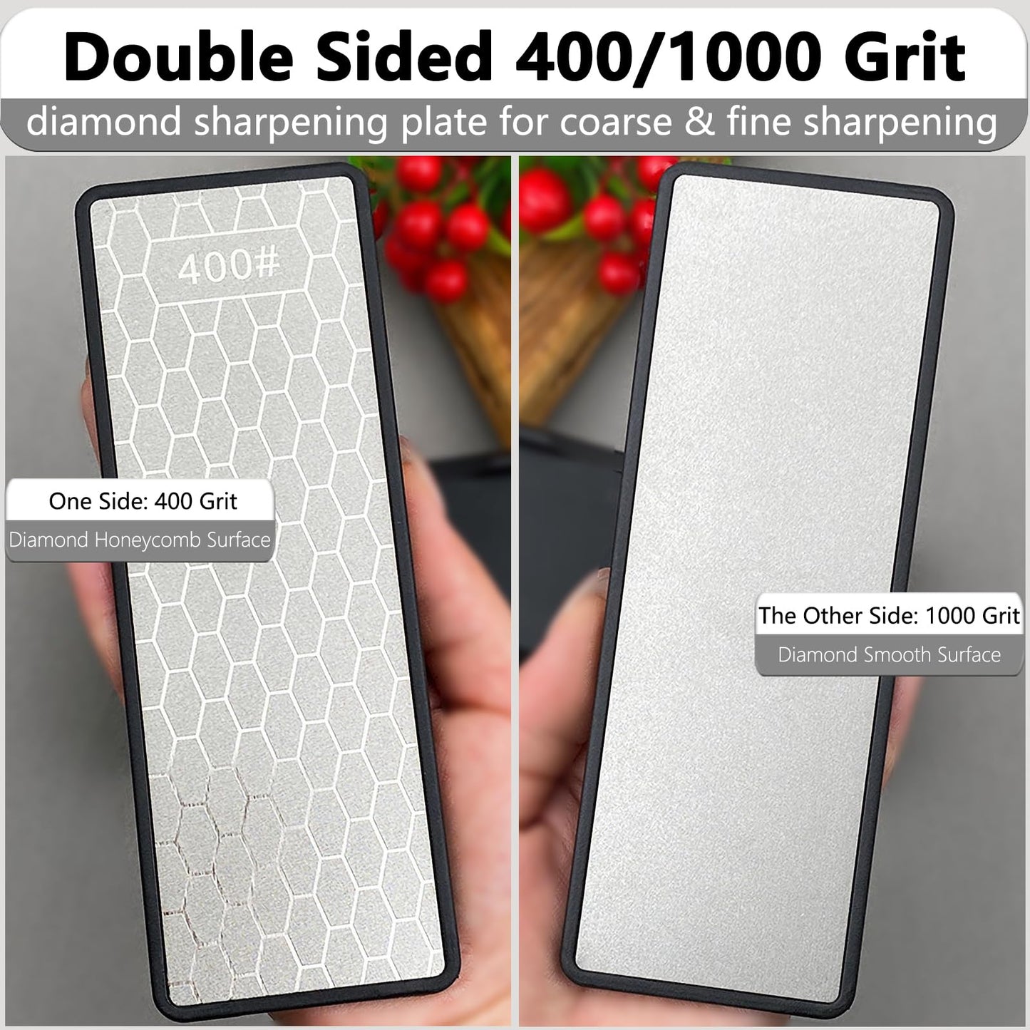 Diamond Sharpening Stone Set & Knife Sharpener Whetstone Kit, Double-Sided 400/1000 Grit Plate with Non-Slip Base & Angle Guide, Portable 3000 Grit Honing Tool for Kitchen Ceramic Knives