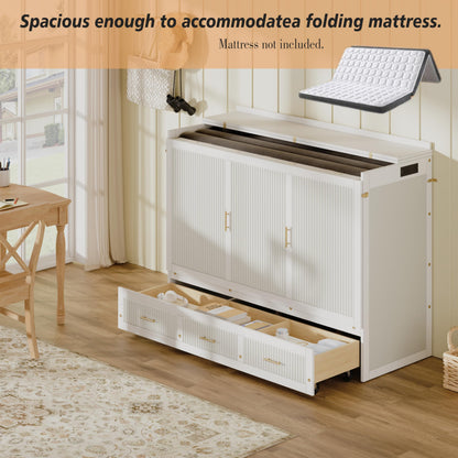 KEIKI Queen Murphy Bed Cabinet with Storage Drawers, Chest Cube Bed for Guest Room, Built-in Sockets & USB Ports, for Home Office or Small Bedroom, White