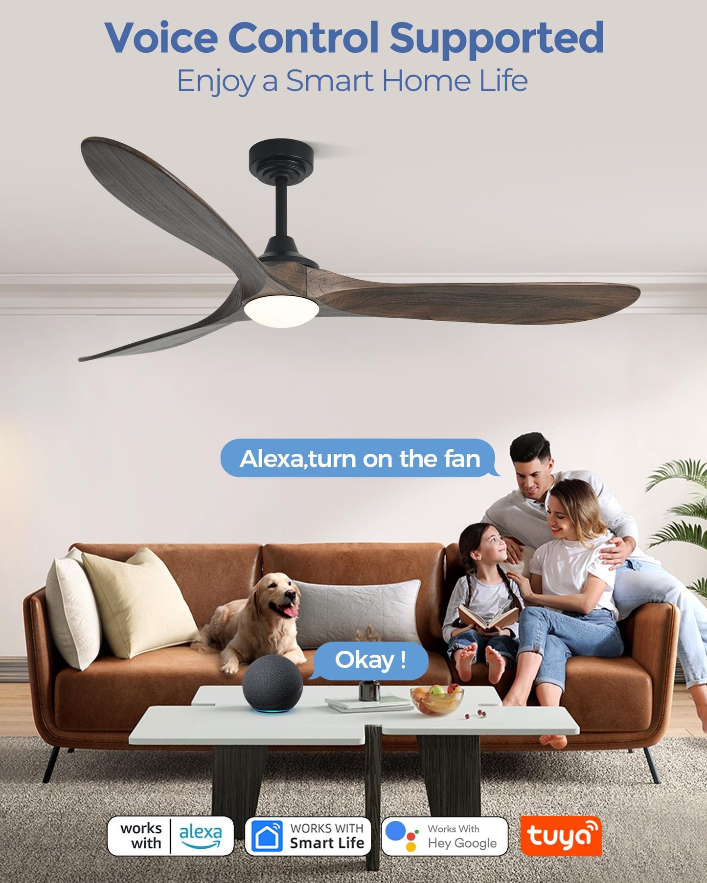 Ombrin 72 inch Outdoor Ceiling Fans with Lights,Smart Wood Large Ceiling Fan for Alexa,Google & APP Control,Indoor/Outdoor,3 Blades,3CCT Dimmable,Deep Brown Walnut,Downrod Mount for Patio Porch