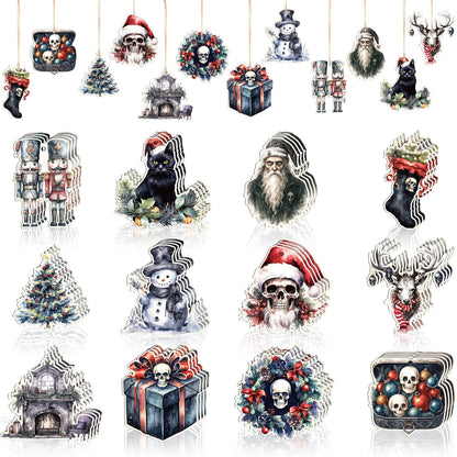 Thyle 24 Pcs Gothic Christmas Tree Ornaments Wooden Spooky Xmas Hanging Decorations Skeleton Santa Claus Snowman Elk Wood Cutouts Ornaments with Ropes for Christmas Tree Holiday Party Decor