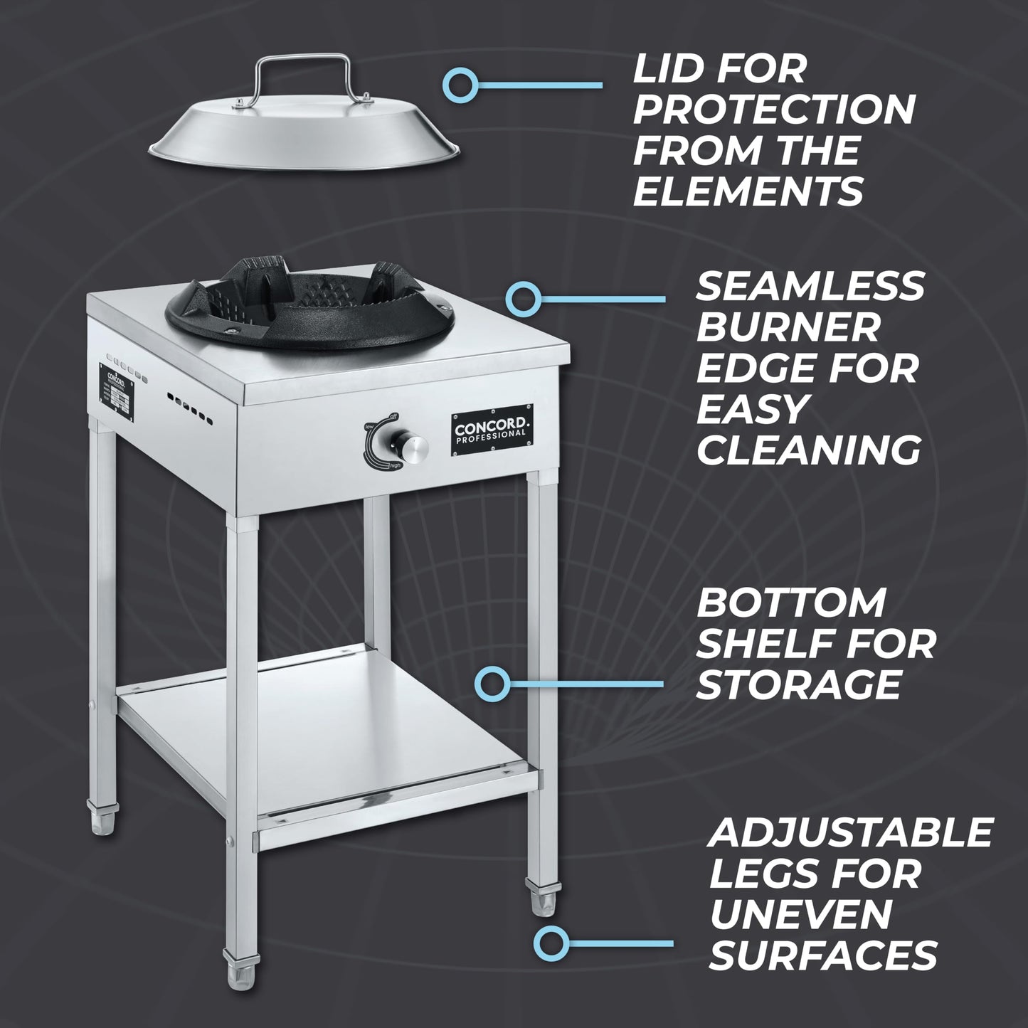 Concord Professional Vortex Burner Stainless Steel Commercial Wok Range Single Burner Outdoor Propane Stove. Great for Stir Fry, Outdoor Kitchen, Asian Cuisine