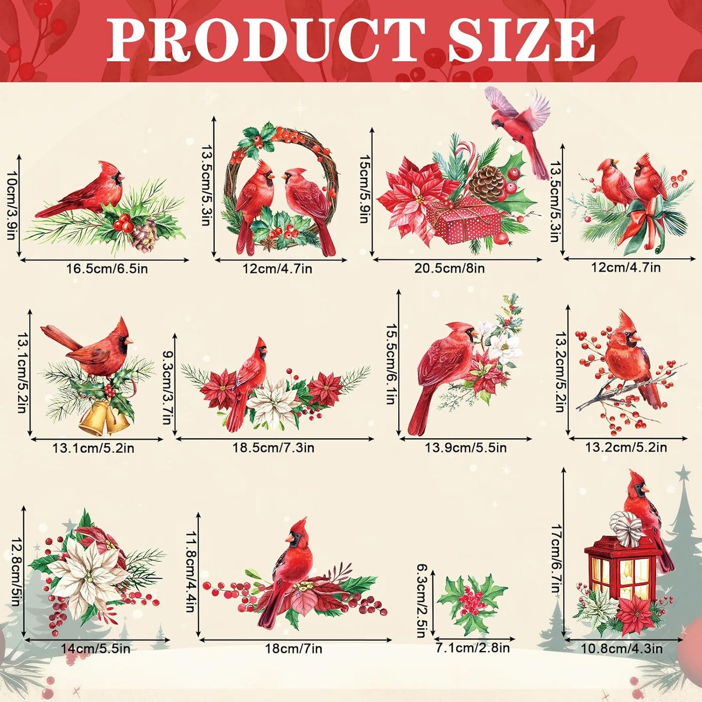 AnyDesign 12Pcs Christmas Refrigerator Magnets, Cardinal Holly Decorative Stickers for Indoor Outdoor Decor