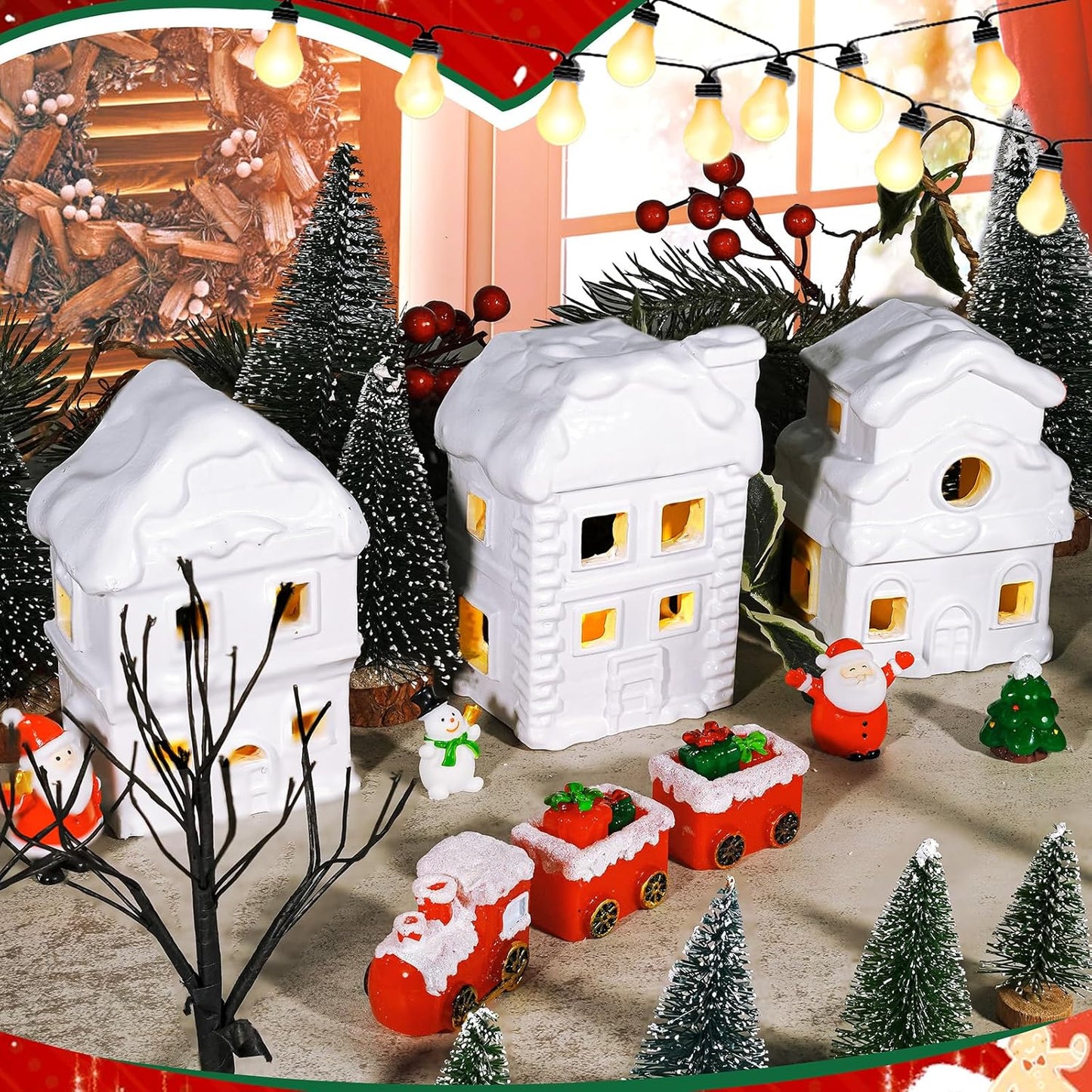 21 Sets, 4.3 Inch Wowagoga Pcs Ceramic Christmas House Village White Resin Houses, Christmas House Decor Figurines Town