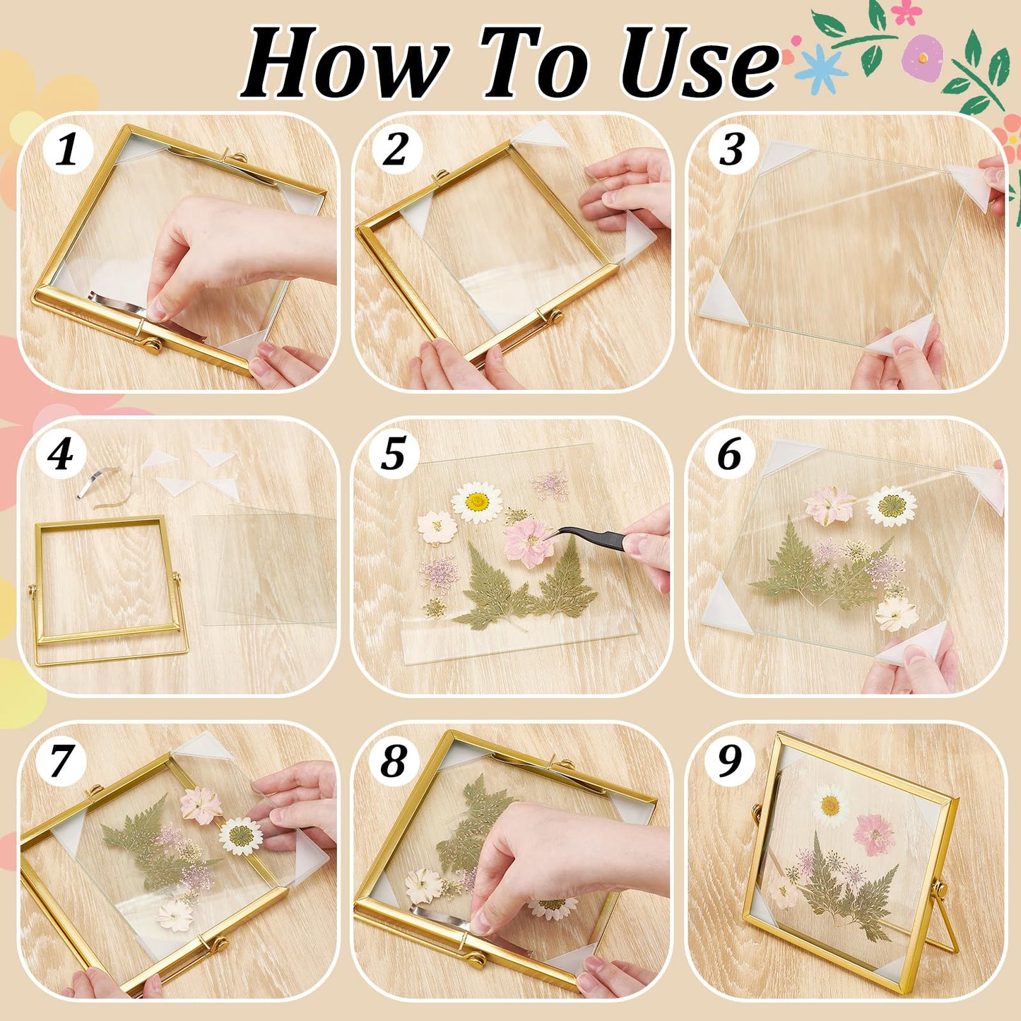 GLASSWINDS 4Pcs Pressed Flower Frame, Double Glass Frame for Pressed Flowers Handmade, 6x6 Inches Clear Glass Picture Frames, Gold Floating Frames for Press Flower Tabletop Display DIY Birthday Gift