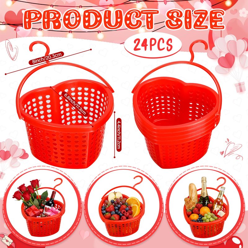 Acellegic 24 Set Pink Valentine's Day Heart Baskets Hollowed Plastic Storage Baskets with Handles for Gift Organizing Home Kitchen Office Birthday Party