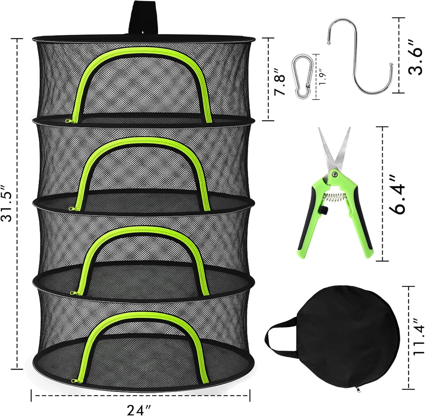 BRIVADO 4 24" Herb Drying Rack Hanging Mesh Layer with Zipper, Garden Pruning Shear, Hook & Carabiner Clip for Drying