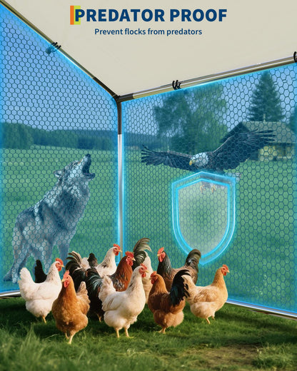 Large Metal Chicken Coop, 9.8' W x 19.7' L x 6.6' H Walk-in Poultry Cage, Chicken Run Pen House with Waterproof & Anti-Ultraviolet Cover & Lockable Doors for Outdoor