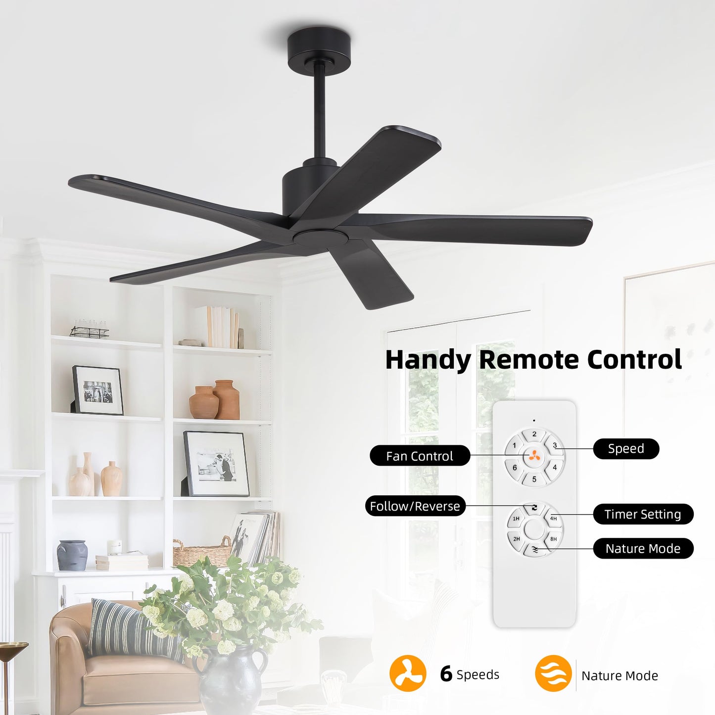 WINGBO 48" DC Ceiling Fan No Light - 5 Carved Solid Wood Blades, 6-Speed Reversible DC Motor, Ceiling Fan without Lights for Living Room Bedroom Kitchen Patio, Indoor and Outdoor, Matte Black