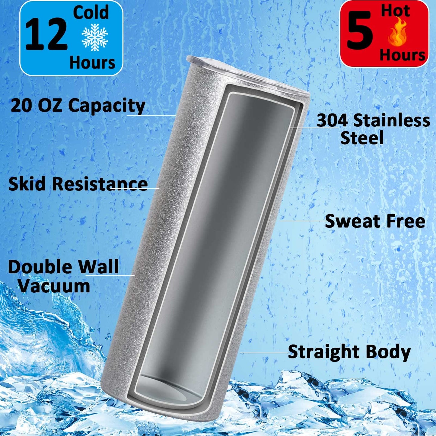 Wzaytia Glitter Sublimation Tumblers 20 Oz Skinny Straight, 8 Pack Sublimation Glitter Skinny Tumbler Blanks, Insulated Stainless Steel Tumbler, Silver