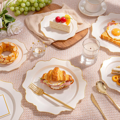 WDF 200PCS Ivory Plastic Plates with Gold Rim - Cream Plastic Plates - Include 100 Dinner & 100 Dessert Fancy Disposable Plate for Party - Heavy Duty Plate for Wedding/Baby Shower/Spring/Mother's Day