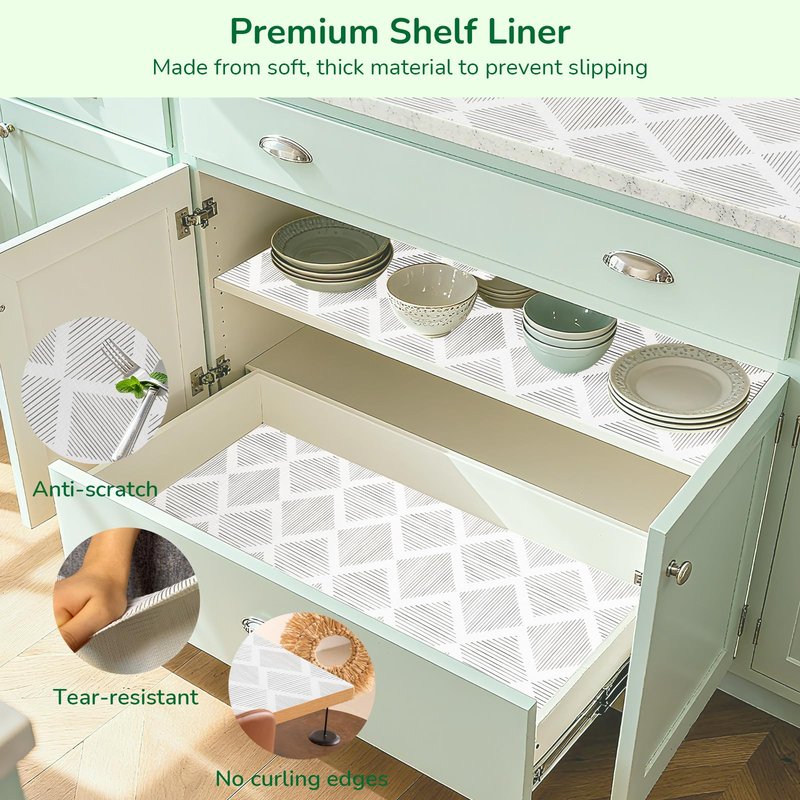 Shelf and Drawer Liners for Kitchen Cabinets Non-Adhesive 12" x20FT, Non-Slip Cabinet Liner, Waterproof Shelf Paper Thickened Washable Mats, Protection for Shelves, Cupboard, Pantry, Drawers, Dresser