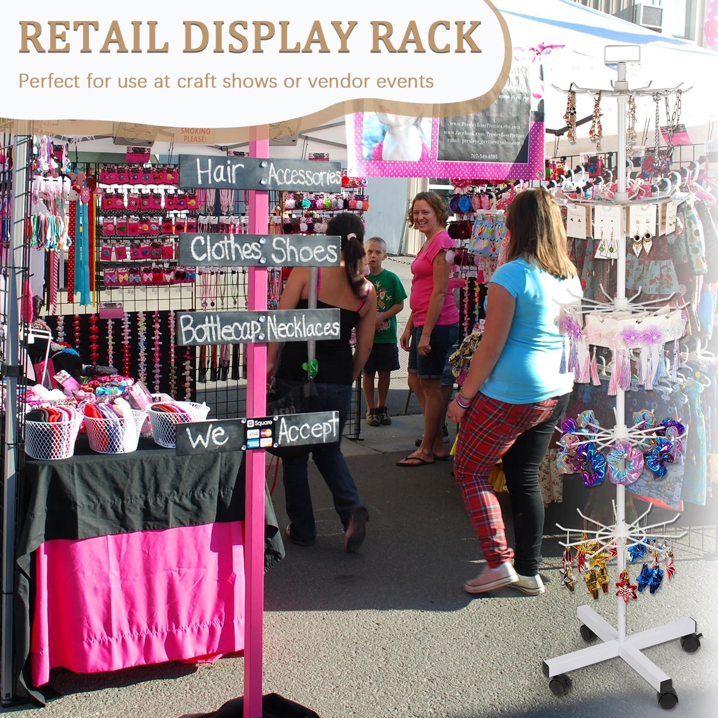 Exttlliy 5-Tier Metal Spinning Display Stand Rack with Wheels, Keychain Jewelry Stocking Hat Display Stand, White