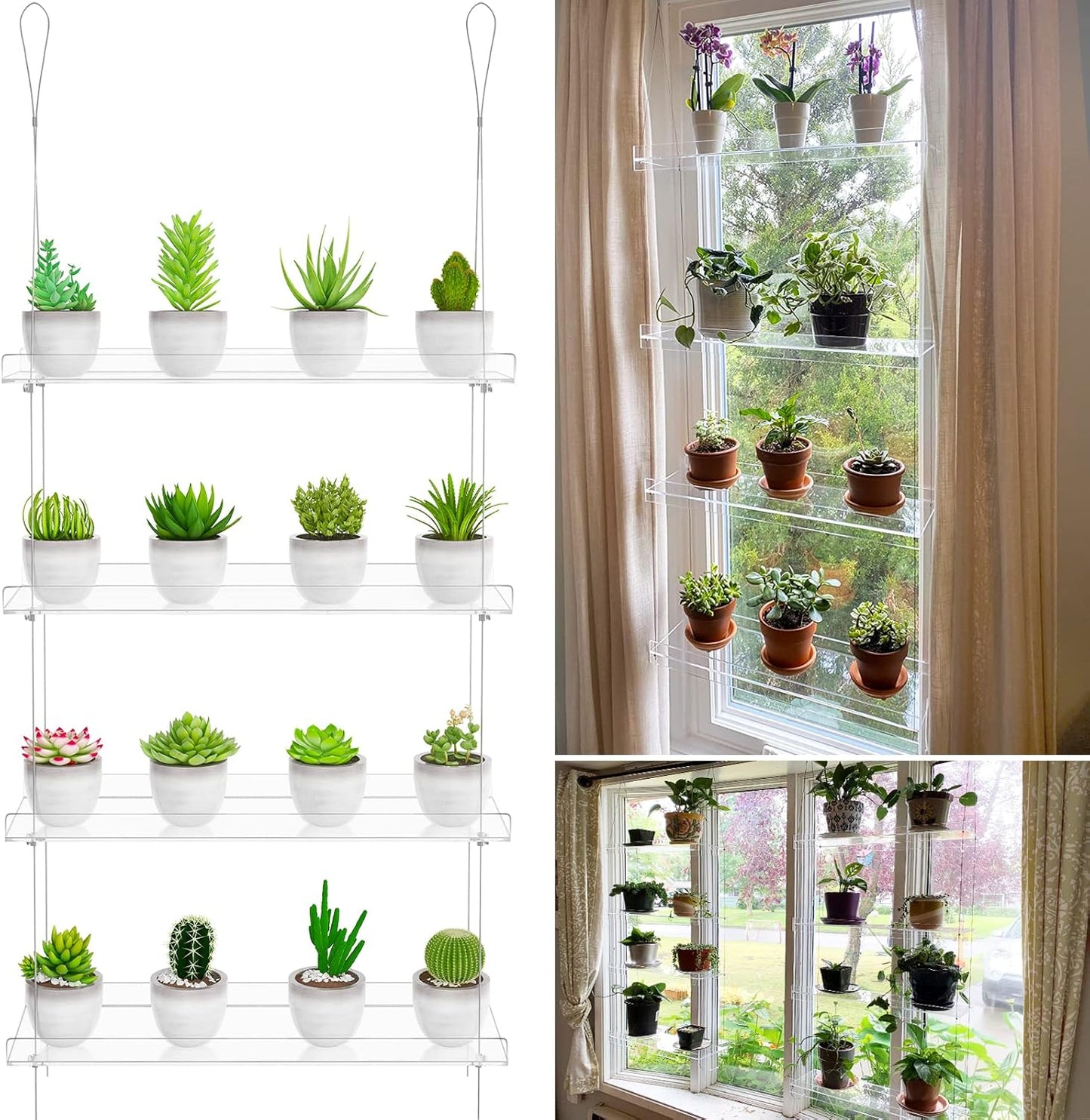 OtNiap 4-TierClear 16 Inch Plant Shelves, Height Adjustable Hanging Acrylic Indoor Wall Hanging Plant Stand Flower