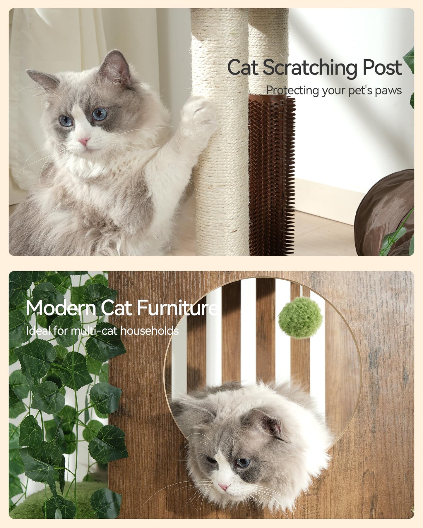 FourFurPets Large Cat Tree with Leaves, 72.8-Inch Cat Tower for Indoor Cats, Modern Cat Tree with Scratching Post, Large Perch, Tunnels, Swing Ball, Self Groomer, Greige