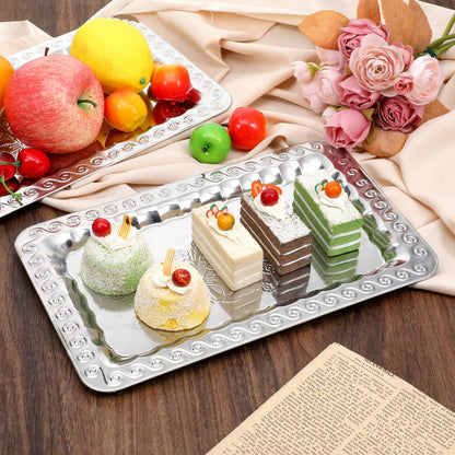6 Pcs Silver Serving Trays, 13.8" x 8.7" Stainless Steel Rectangle Serving Tray, Decorative Silver Plates, Swirl Floral Engraved Tray, Metal Sizzler Plates for Coffee Table, Bar, Party, Club, Home