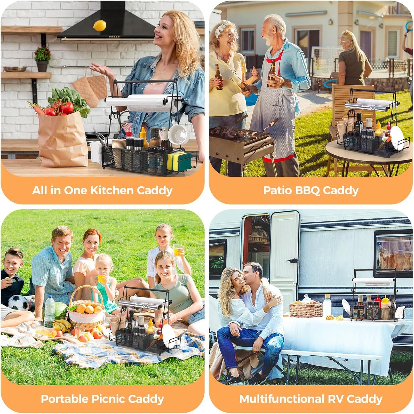 2 Grill Caddy, BBQ Caddy with Paper Towel Holder and Hooks, Grill Utensil Organizer for Camping Outdoor Barbecue