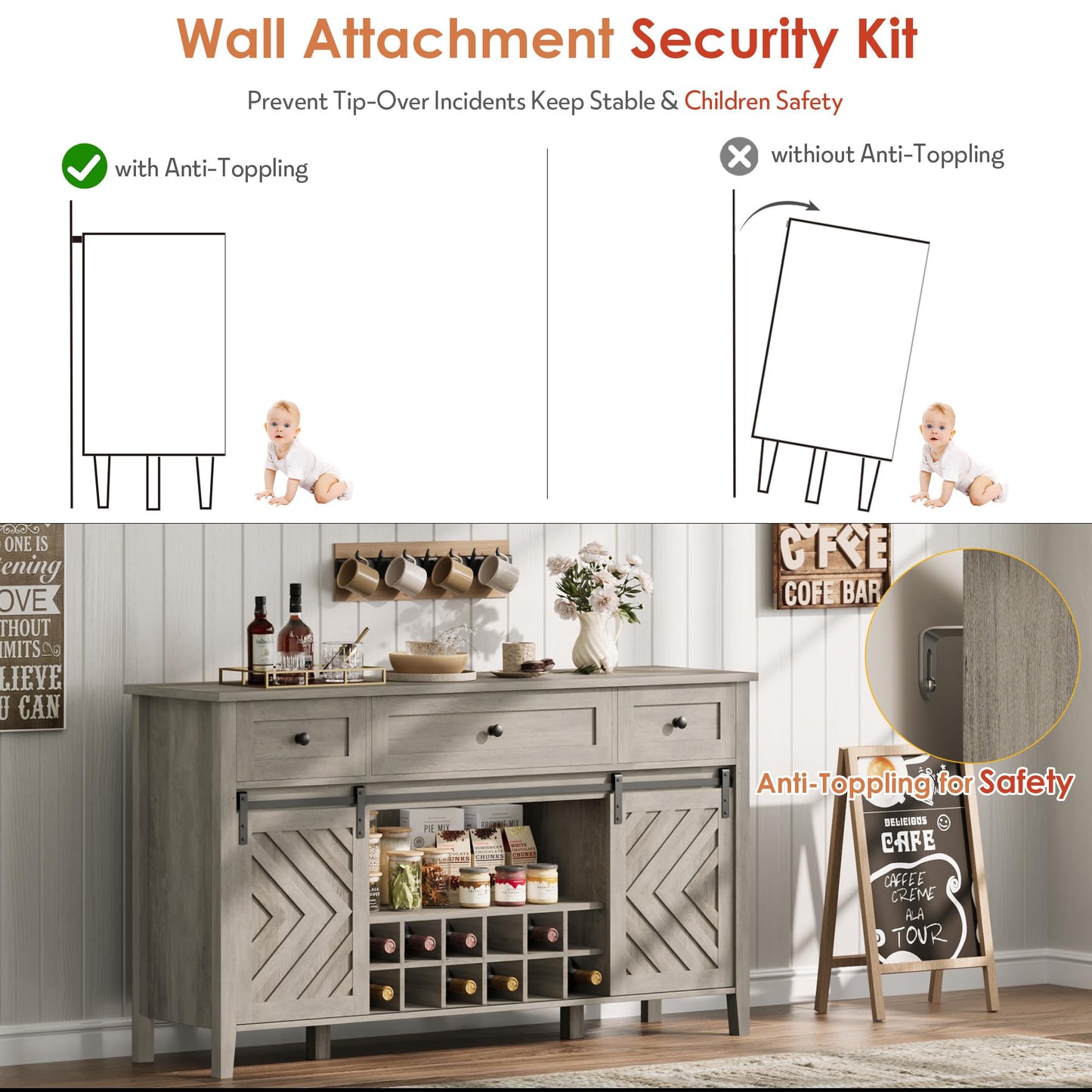IDEALHOUSE 59'' Farmhouse Buffet Cabinet with Sliding Barn Door, 33.4'' Tall Wood Rustic Sideboard with 3 Drawer, Adjustable Shelf and Removable Wine Rack for Dining Room, Kitchen, Vintage