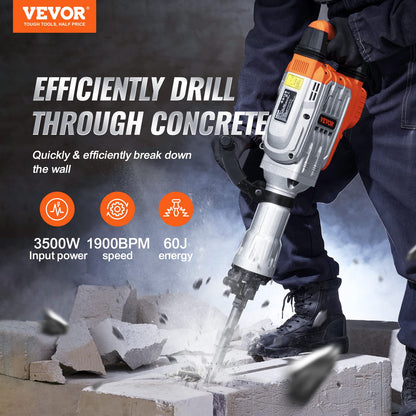 VEVOR Demolition Jack Hammer, 3500W Jack Hammer Concrete Breaker 1900 BPM Heavy Duty Electric Jack Hammer, 2pcs Chisel w/Gloves & 360°C Swiveling Front Handle for Trenching and Breaking Holes