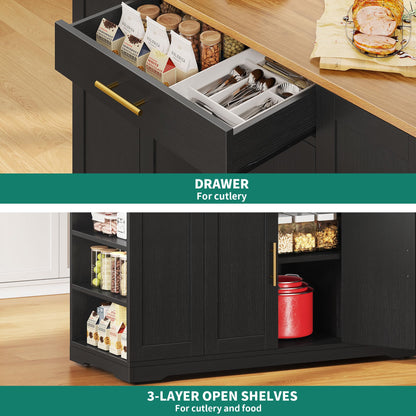 YITAHOME 53 Inch Large Rolling Kitchen Island with Trash Can Storage Cabinet, Portable Mobile Islands Table Long Floating Movable w Wheels Cabinet for 13 Gallon Garbage Bin 2 Drawer, Black