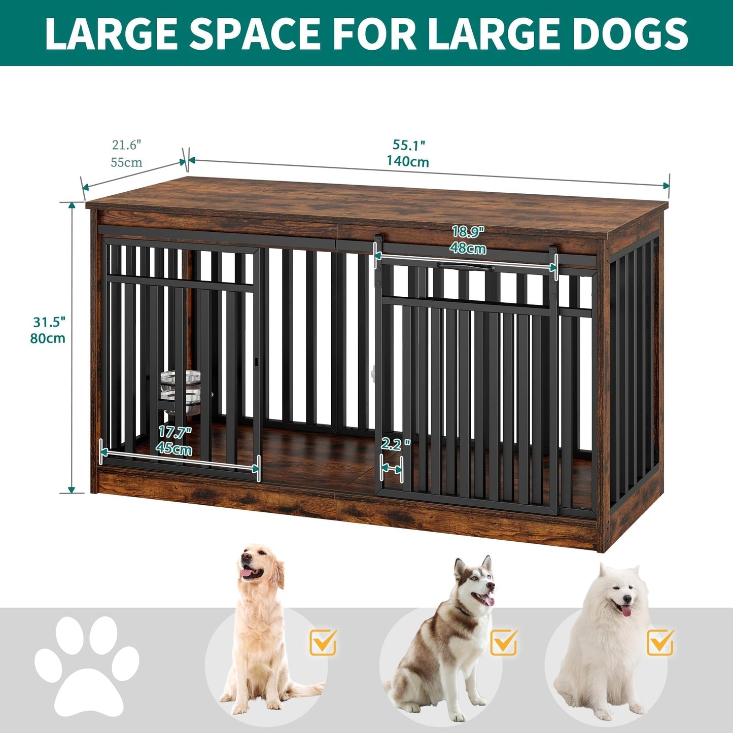 YITAHOME 55 Inch Large Dog Crate Furniture, Heavy Duty Wooden Dog Crate TV Stand with 2 Dog Bowls, Metal Dog Kennel Indoor Furniture Sliding Barn Door Design for Extra Large Dogs, Rustic Brown