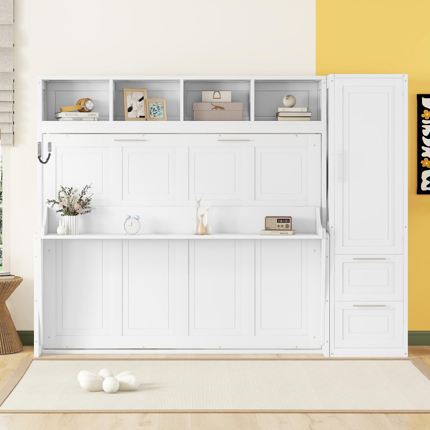 Merax Queen Size Murphy Bed, Modern Wall Bed with Storage Cabinets & Drawers, Space-Saving Foldable for Bedroom Guest Room Home Office Small Apartment, White