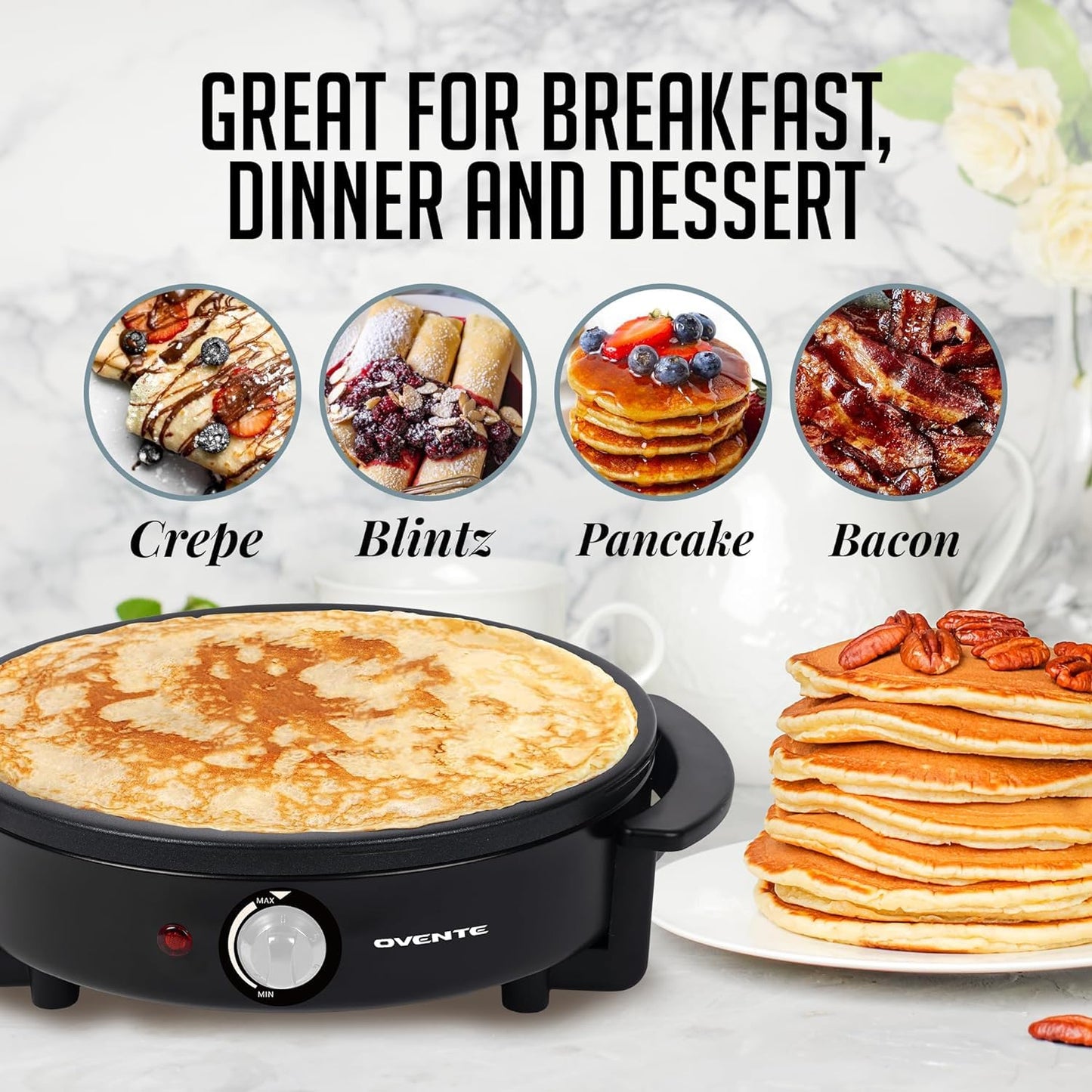 OVENTE 12-Inch Electric Crepe Maker & Griddle – Nonstick Hot Plate with Adjustable Temperature, LED Indicator, Batter Spreader & Spatula, Black CRM1122B