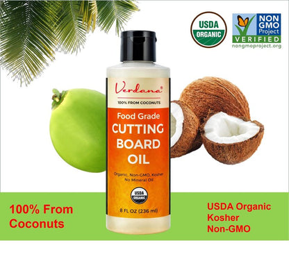 Verdana Food Grade Cutting Board Oil – Organic Coconut-Derived, Food Safe Mineral Oil Alternative for Butcher Block, Bamboo & Wooden Utensils – Kosher, Non-GMO, 8 fl oz