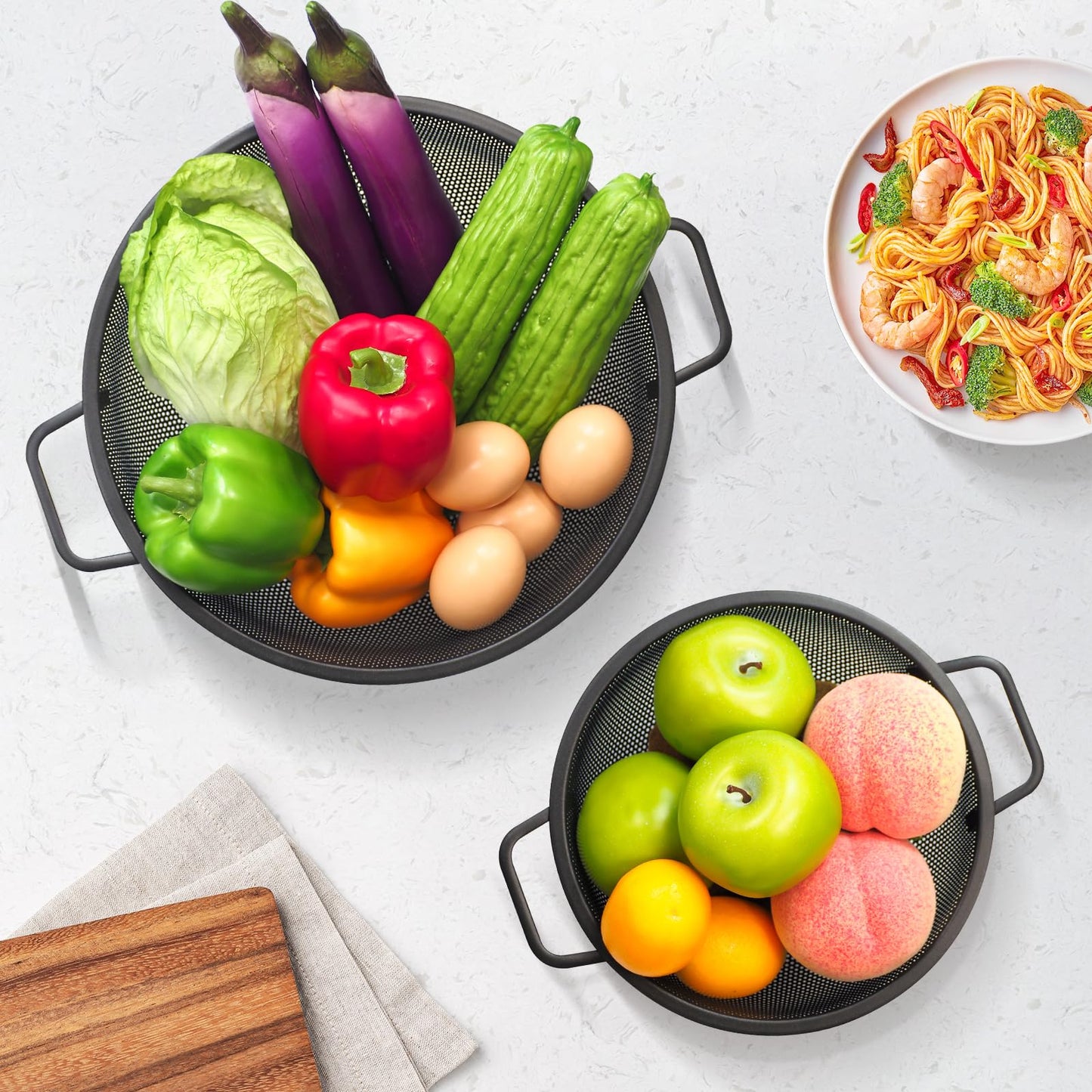 Black Colander for Kitchen, 3QT, Stainless Steel Pasta Strainer with Handle, Pasta Strainer for Fruits Vegetables Cooking Food, Dishwasher Safe