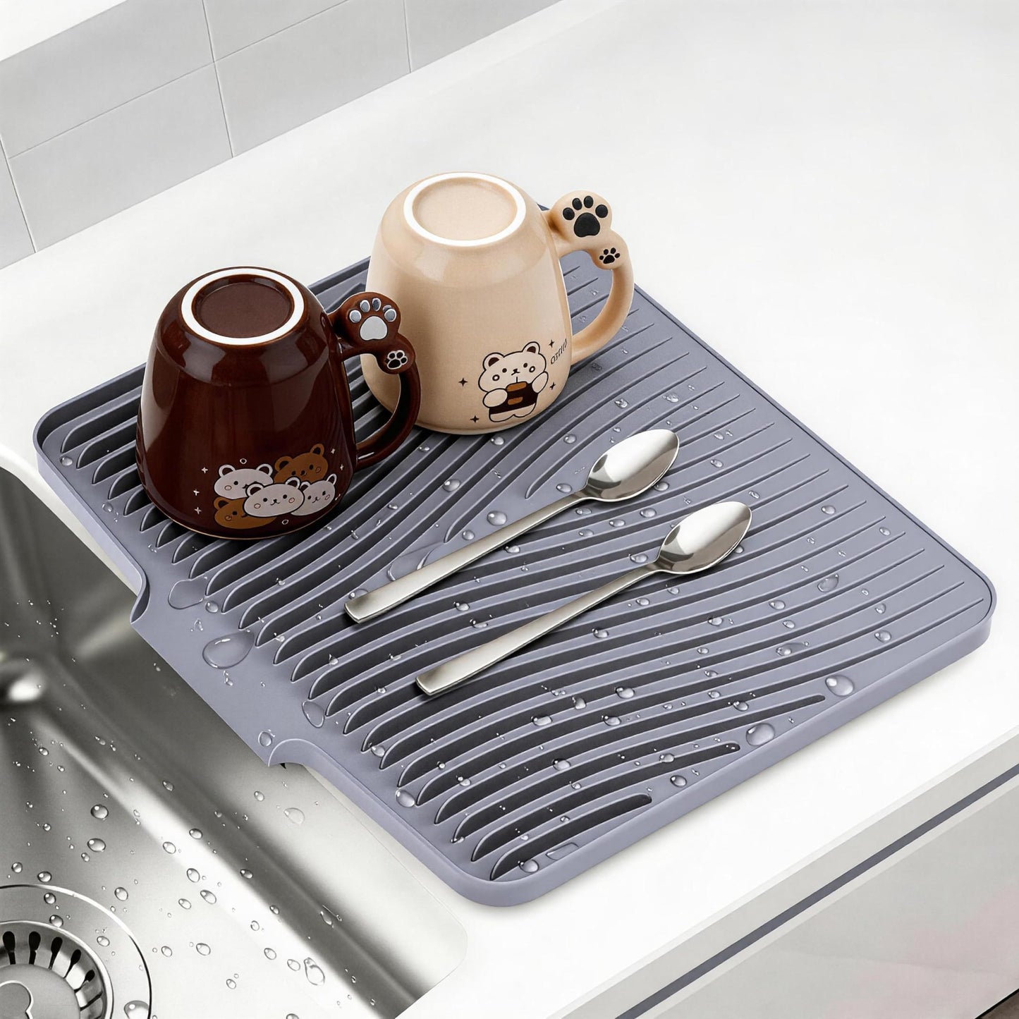 Silicone Dish Drying Mat for Kitchen Counter, Dish Drying Pad, Non-Slip Drain Pad with Built-in Drain, Heat Resistant Stone Drying Mat