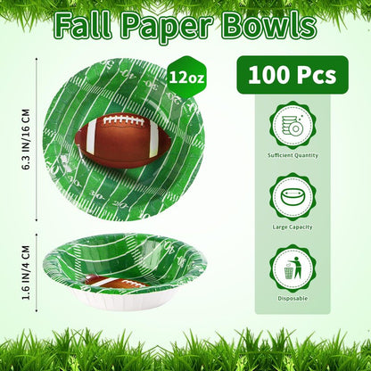 Grencian 100 Pcs 12 Oz Football Paper Bowls Football Party Supplies Heavy Duty Football Party Disposable Soup Bowls Football Dessert Bowls for Football Birthday Gameday Tailgate Party Decorations