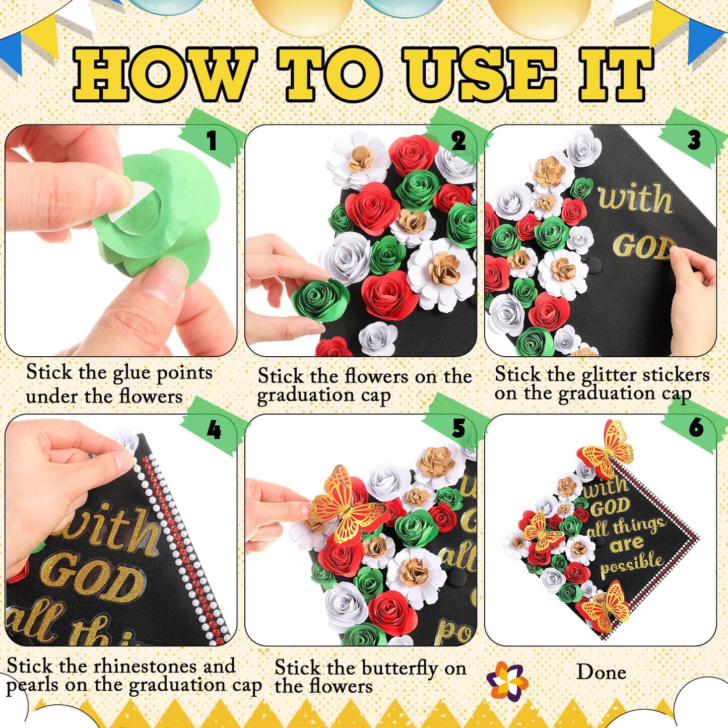 Feifeiya 44 Pcs DIY Graduation Cap Decoration Tool Kit Grad Cap Topper Faux Paper Flower Head Quote Glitter Sticker 3D Butterfly Pearl Rhinestone Sticker for Graduation Hat Decor(Red)