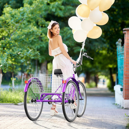 MarKnig Adult Tricycle, 24 Inch 3 Wheel Bikes with Large Basket, Cruiser Bike for Women/Men/Seniors, Adult Trike for Outdoor/Shopping/Recreation/Picnic (Purple)