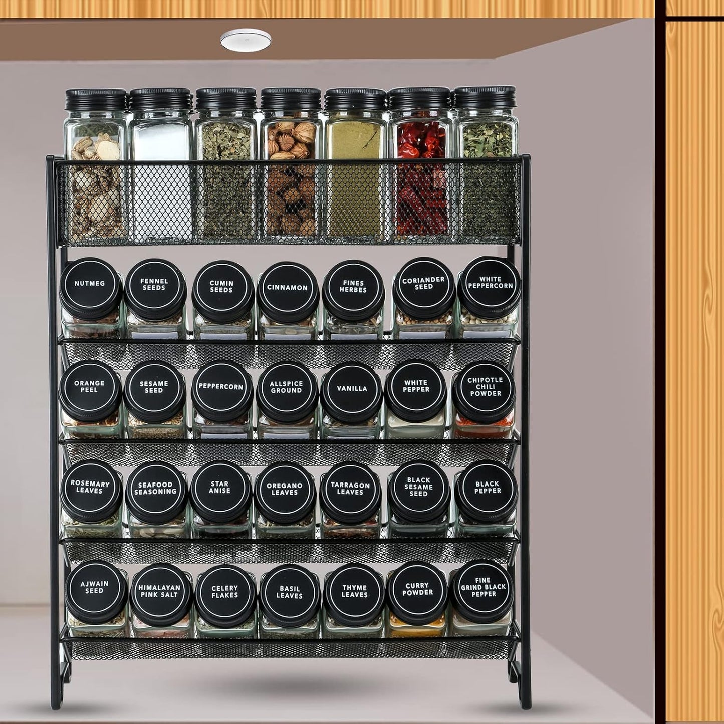 28 Set Countertop, Skiileor Spice Rack Organizer with Spice Jars, Black LidsSpice Labels, Chalk pen and Funnel