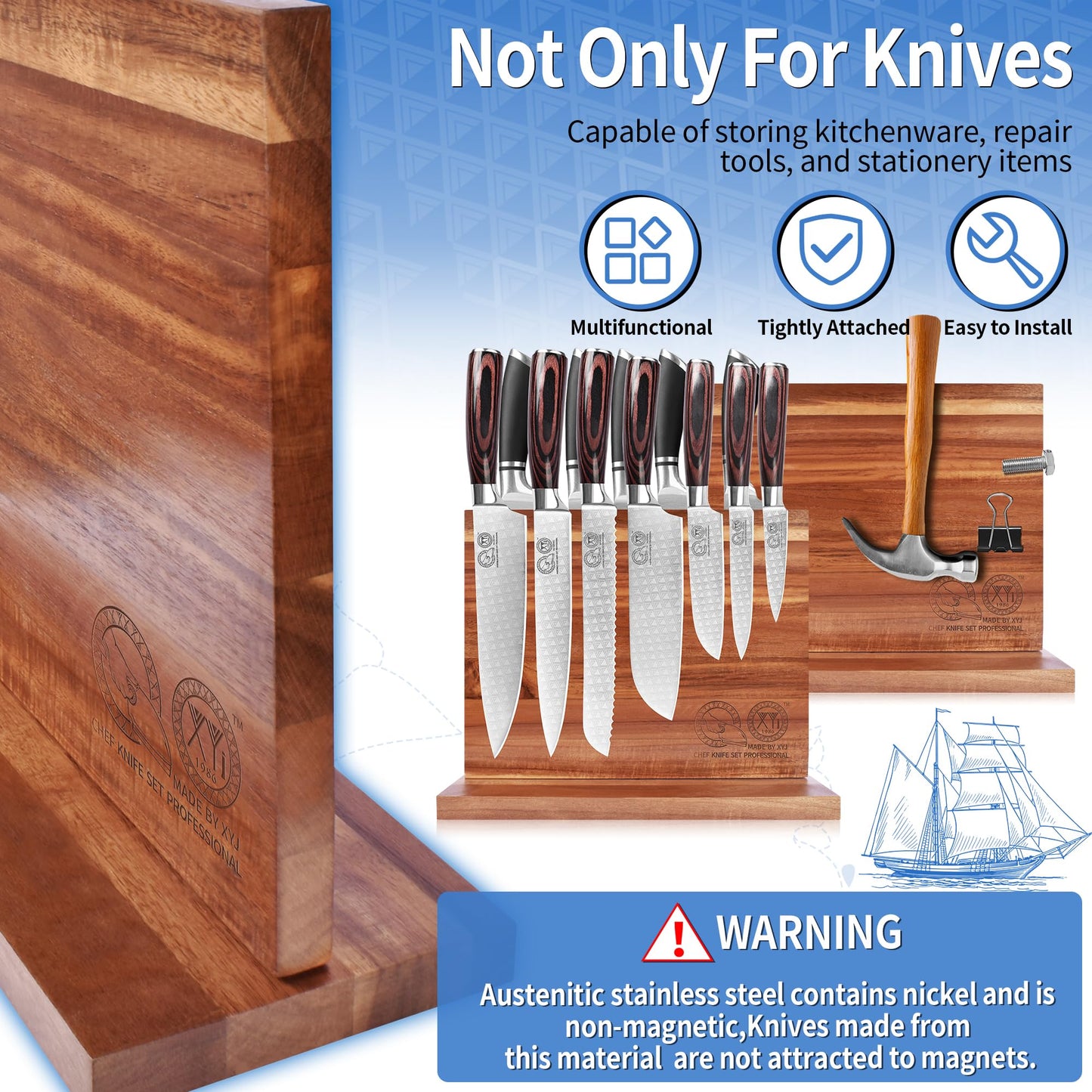 XYJ Authentic Since 1986, Magnetic Knife Block, Double Side Kitchen Knife Stand, Acacia Wood, Magnetic Knife Holder with Strong Enhanced Magnets,Knives Storage Rack Stand for Home Kitchen