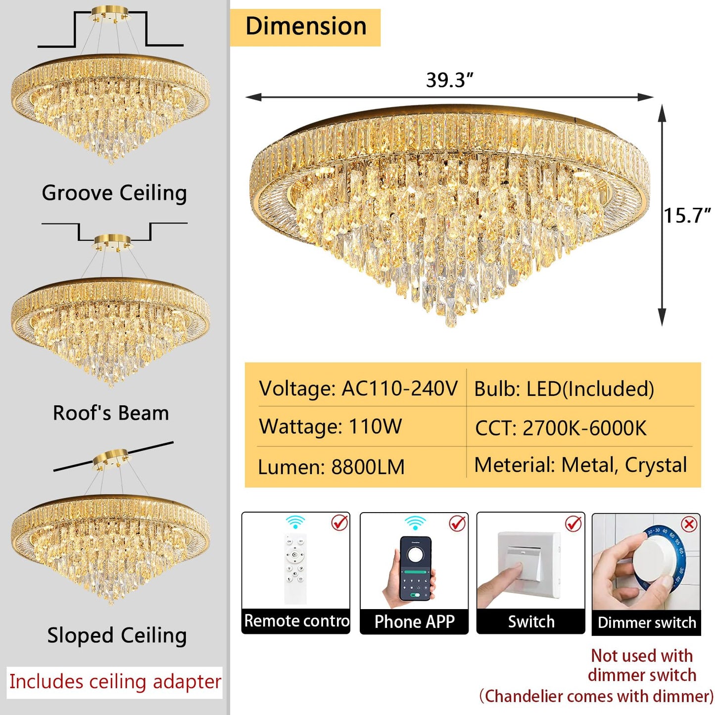 dolria Modern Crystal Large Chandeliers LED Dimmable Flush Mount Ceiling Chandeliers for Living Room High Ceiling Entrance Foyer Bedroom