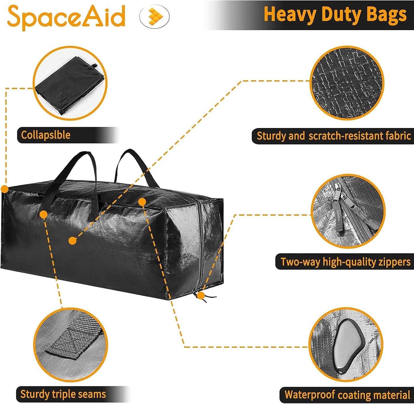 SpaceAid Heavy Duty Moving Bags - Extra Large Storage Totes with Backpack Straps & Strong Handles | Black (4 Pack)