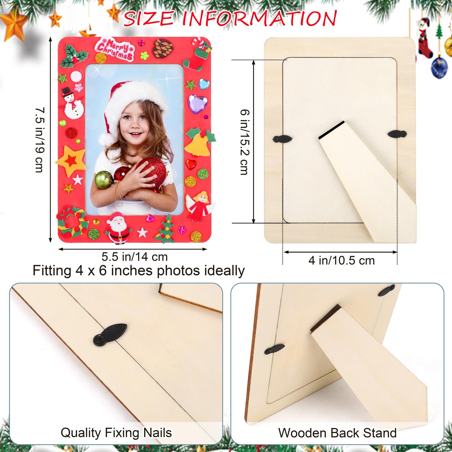 Fovths 12 Packs Christmas Picture Frame Painting Craft Kit Frozen Wooden DIY Photo Frame for 4 x 6 inch Photo with 100 Stickers Rhinestone Stickers 4 Brushes Set for DIY Paint and Decorate