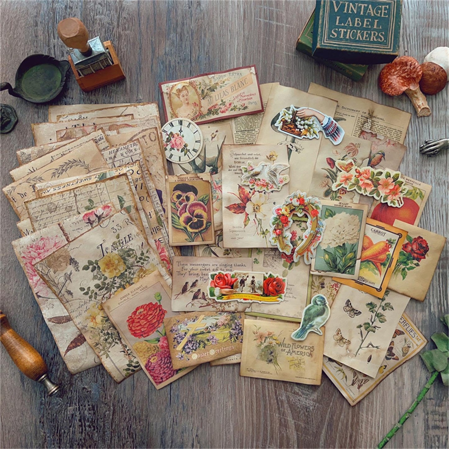 QCTC Junk Journal Vintage Botanical Ephemera, Handcrafted Coffee-Dyed Paper for Scrapbooking, Rustic Nature-Themed DIY Craft Supplies