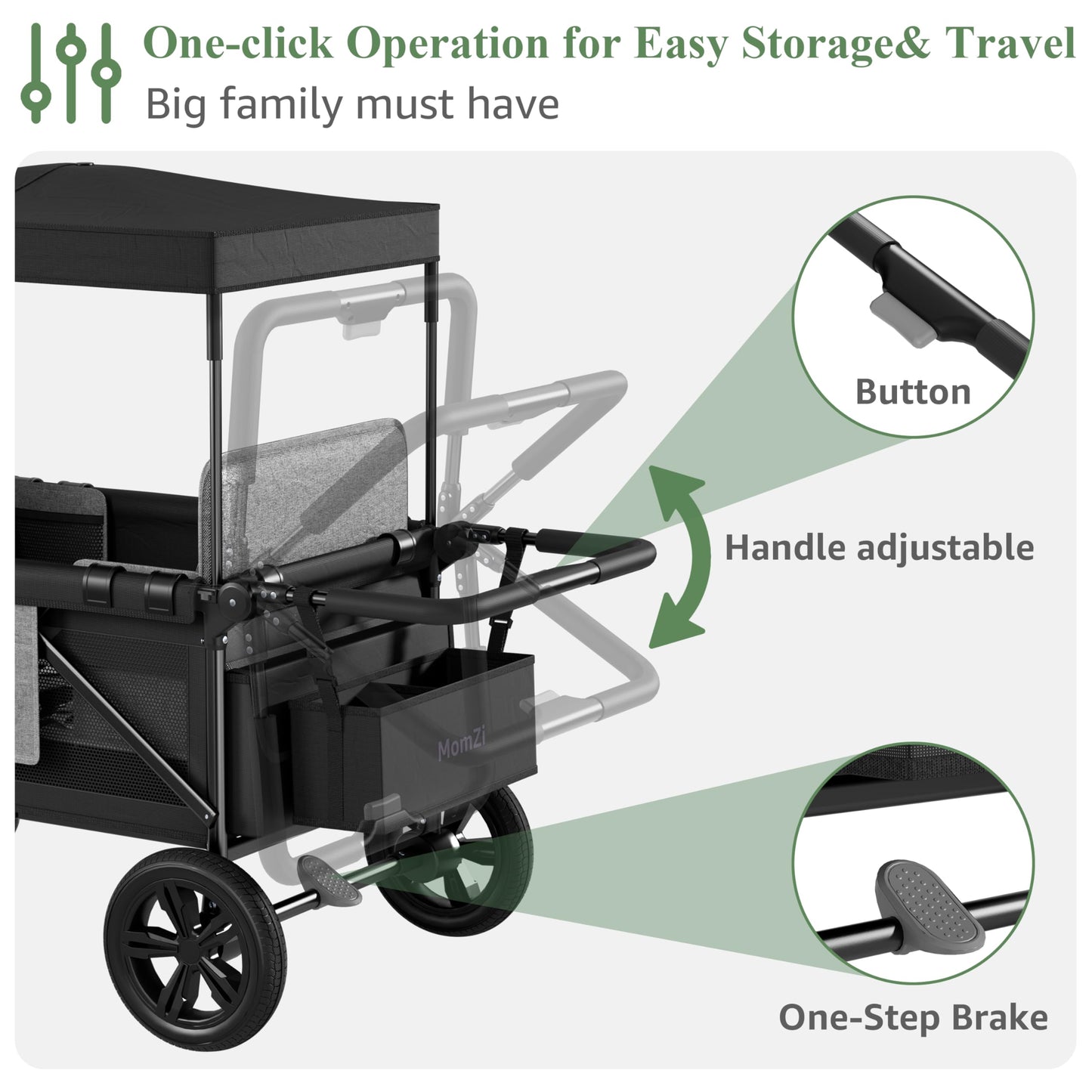 MomZi 4 Seater Wagon Stroller for Kids, Collapsible Wagon Stroller with Removable Canopy, Foldable Stroller Wagon with Seat and Storage Pocket for Baby Toddlers Black